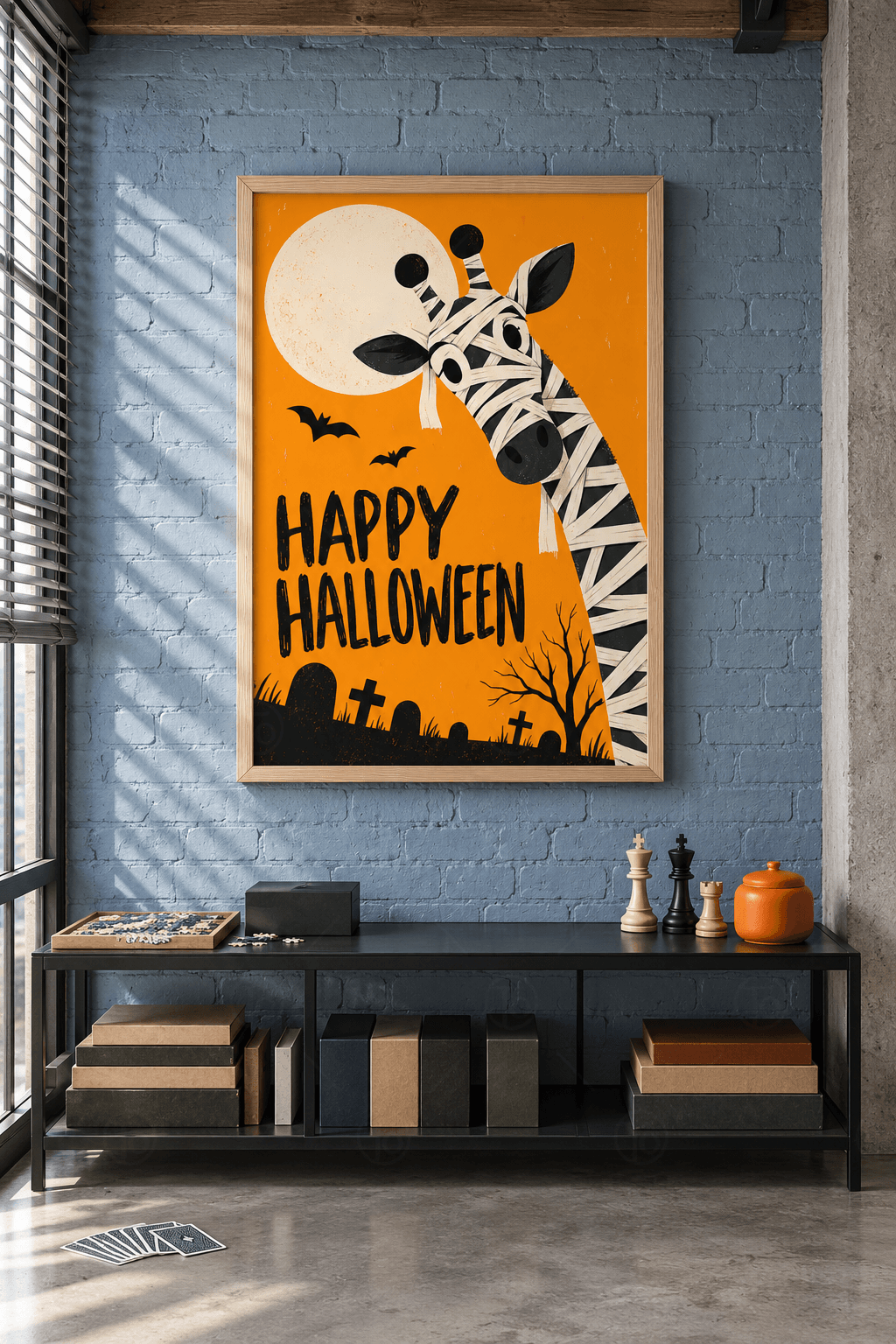 Ahşap çerçeveli Halloween tablosu — turuncu zeminde sargılı zürafa, dolunay, yarasalar ve mezar taşları