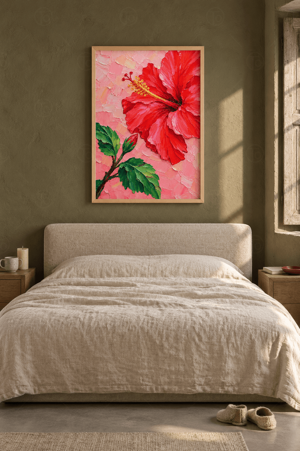 Ahşap çerçeveli hibiskus tablosu — pembe kalın boya zeminde iri kırmızı hibiskus, tomurcuk ve yeşil yapraklar