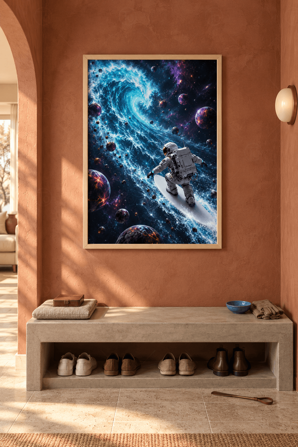 Ahşap çerçeveli astronot tablosu — turkuaz kozmik dalgada sırtı dönük sörf yapan astronot ve kor çatlaklı koyu gezegenler