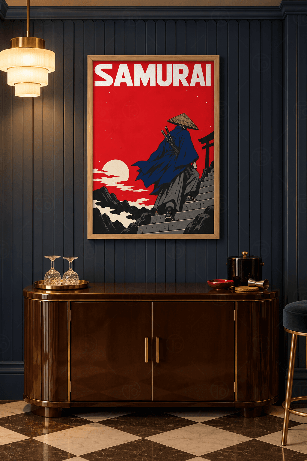 Ahşap çerçeveli samuray tablosu — kırmızı gökte hasır şapkalı lacivert giysili samuray, taş basamaklar ve SAMURAI yazısı