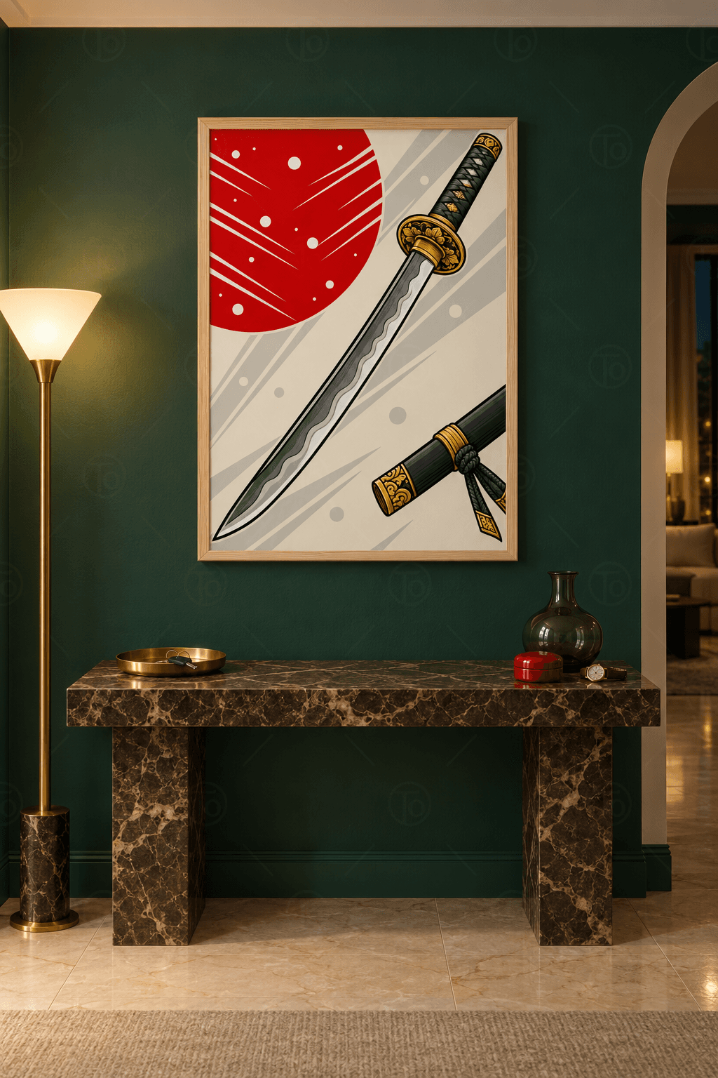 Ahşap çerçeveli katana tablosu — krem zeminde altın süslemeli siyah saplı samuray kılıcı, kızıl güneş ve siyah kın