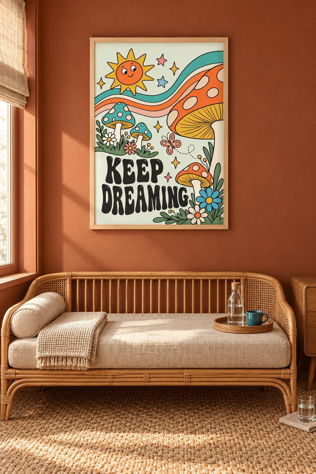 Ahşap çerçeveli groovy mantar tablosu — gülen güneş, dalgalı şeritler, benekli mantarlar ve Keep Dreaming yazısı