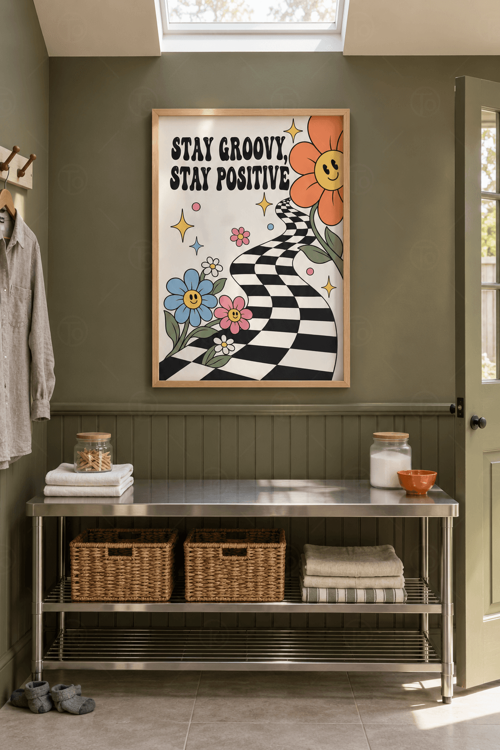 Ahşap çerçeveli groovy çiçek tablosu — kıvrılan siyah-beyaz damalı yol, gülen yüzlü renkli çiçekler ve Stay Groovy yazısı