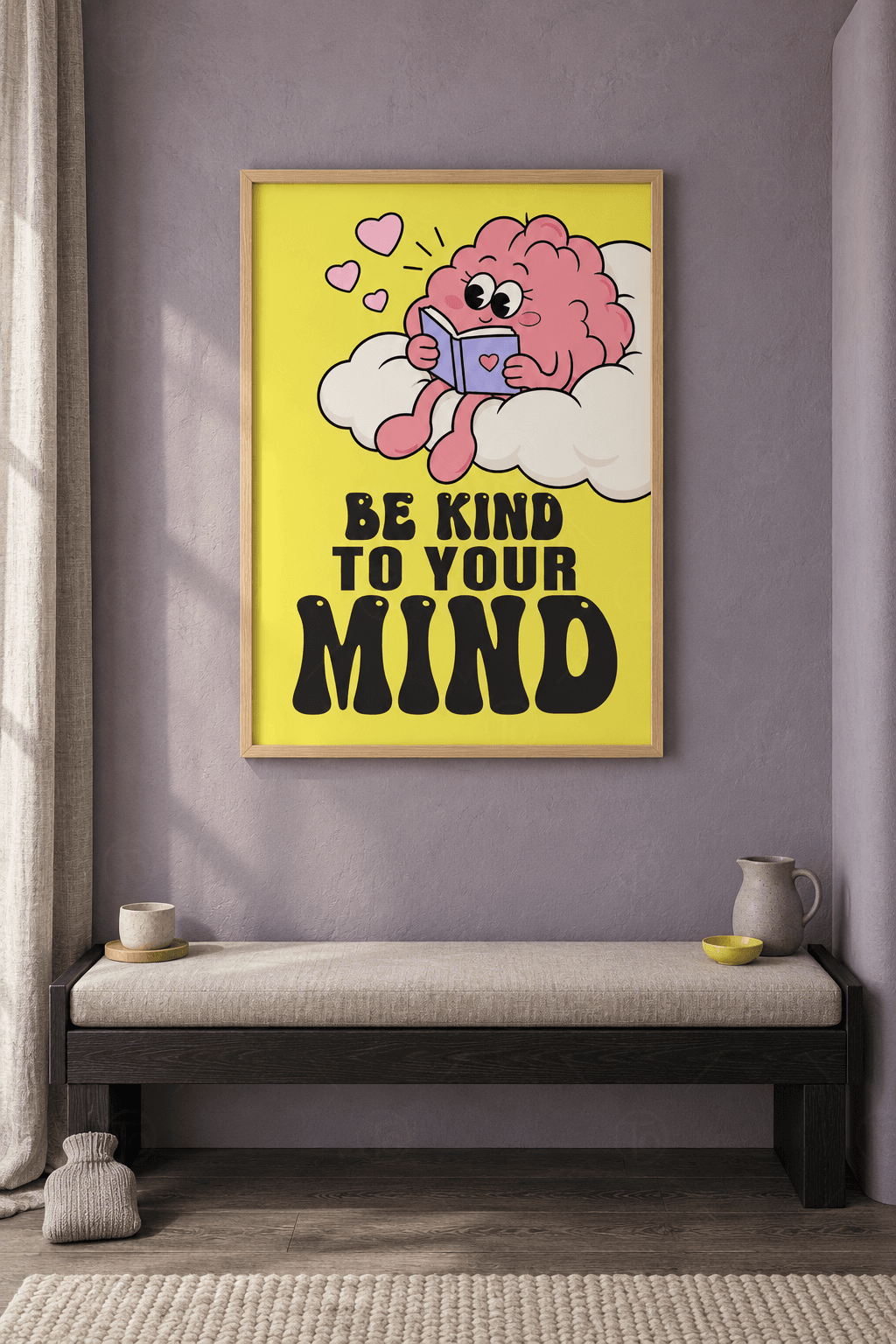 Ahşap çerçeveli motivasyon tablosu — sarı zeminde bulutta oturup kitap okuyan pembe beyin ve Be Kind to Your Mind yazısı