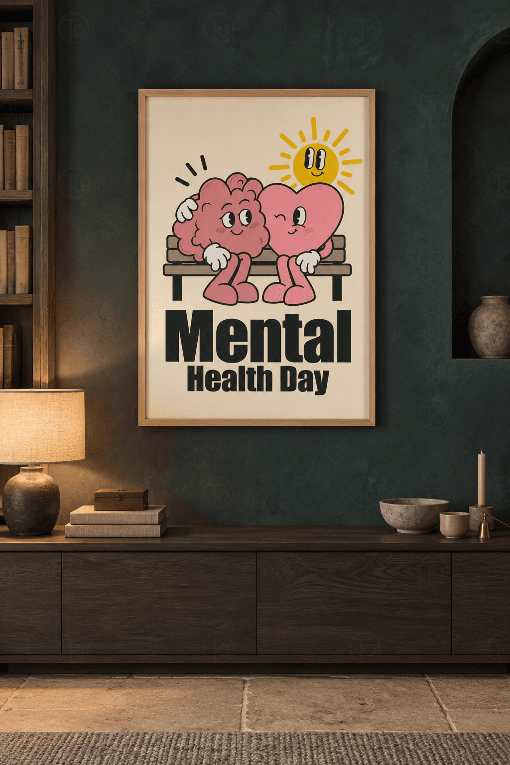 Ahşap çerçeveli ruh sağlığı tablosu — bankta yan yana oturan pembe beyin ve kalp, gülen güneş ve Mental Health Day yazısı