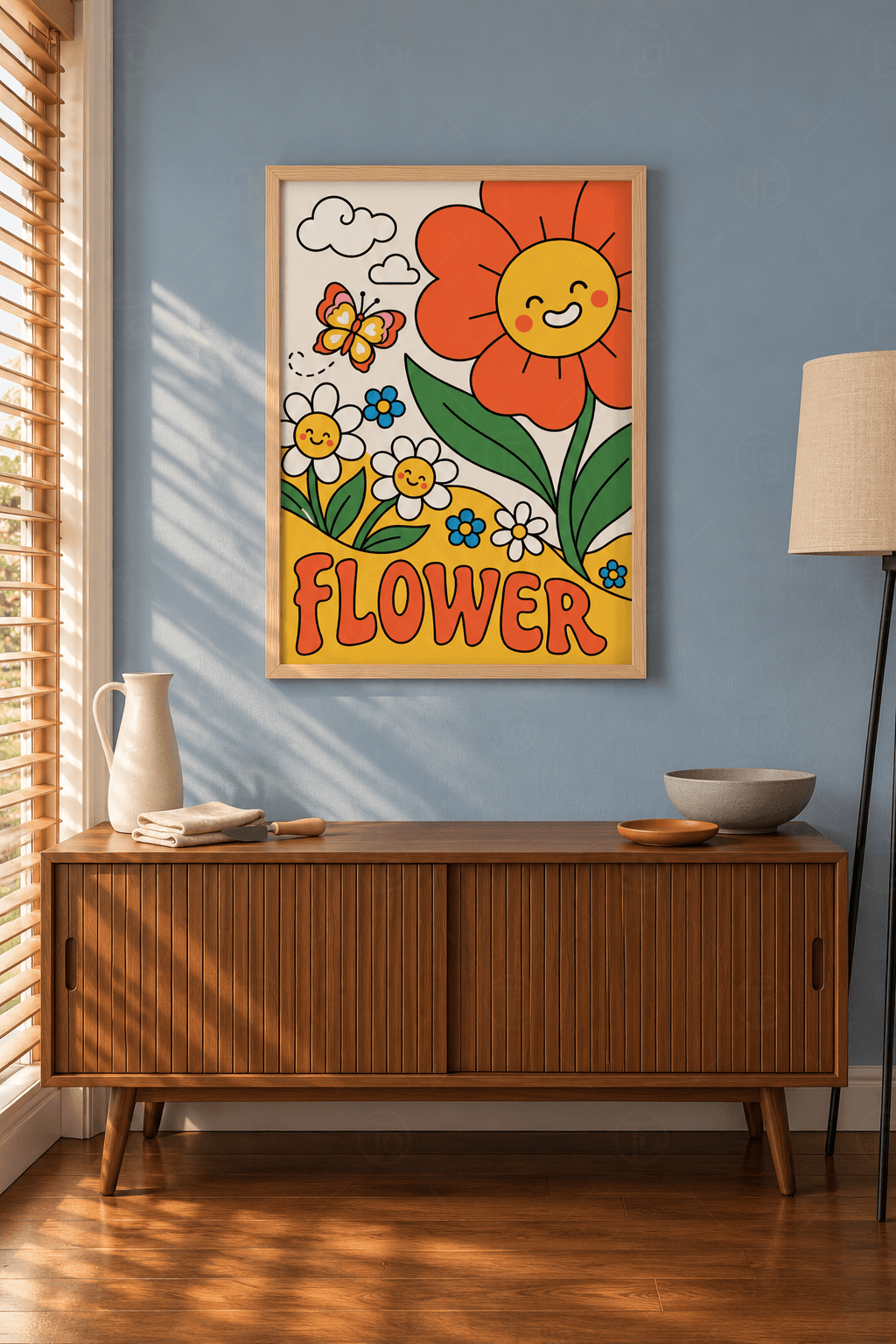 Ahşap çerçeveli retro çiçek tablosu — sarı tepede gülen turuncu çiçek, papatyalar, kelebek ve altta FLOWER yazısı