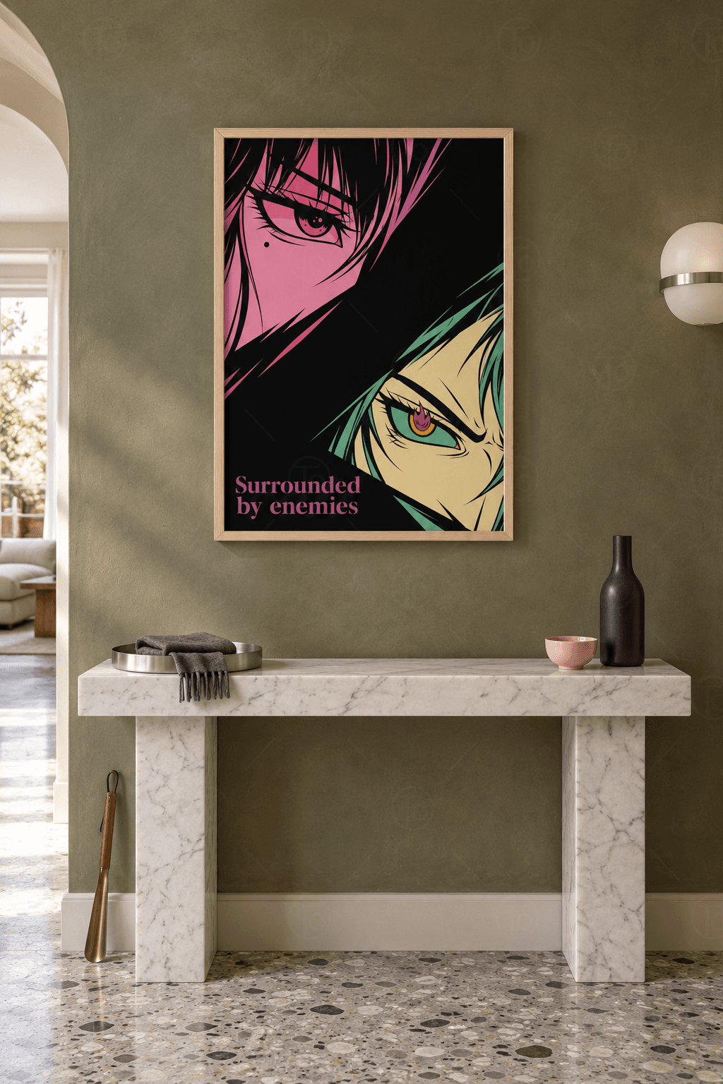 Ahşap çerçeveli anime göz tablosu — siyah zeminde çapraz bölünmüş pembe ve yeşil iki yüzün gözleri ve mor yazı