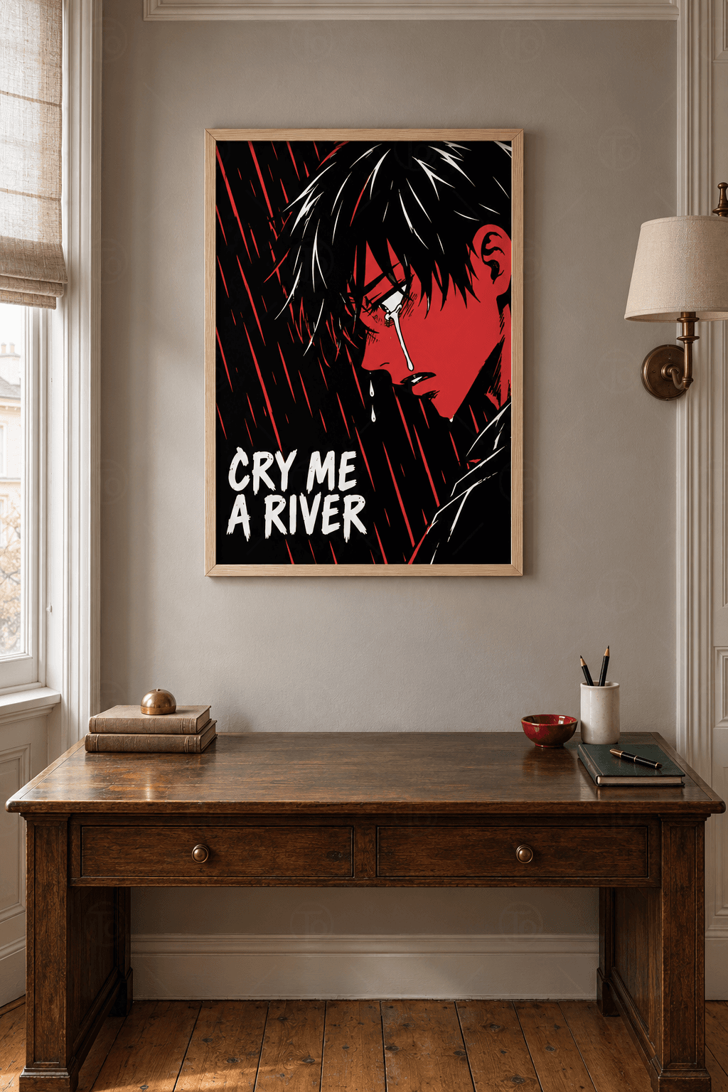 Ahşap çerçeveli cry me a river tablosu — siyah zeminde kırmızı yağmur çizgileri ve gözyaşı döken kızıl yüzlü anime figür