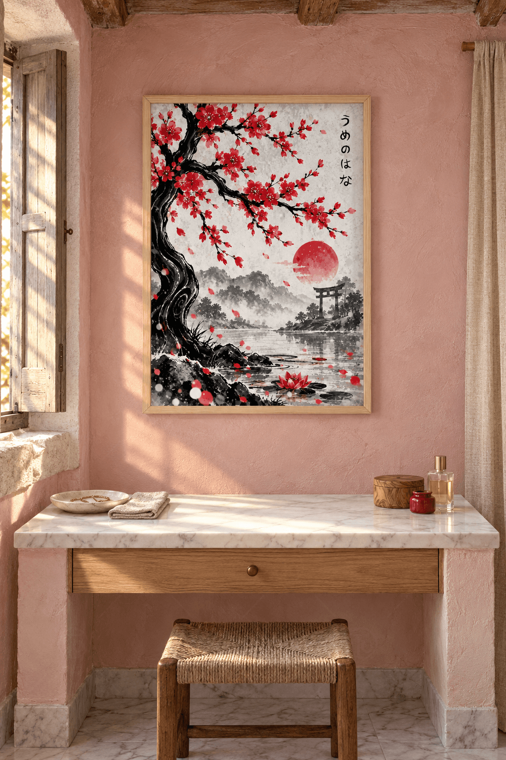 Ahşap çerçeveli torii manzara tablosu — kırmızı çiçekli yaşlı ağaç, kızıl güneş, kıyıda torii ve gölde kırmızı lotus