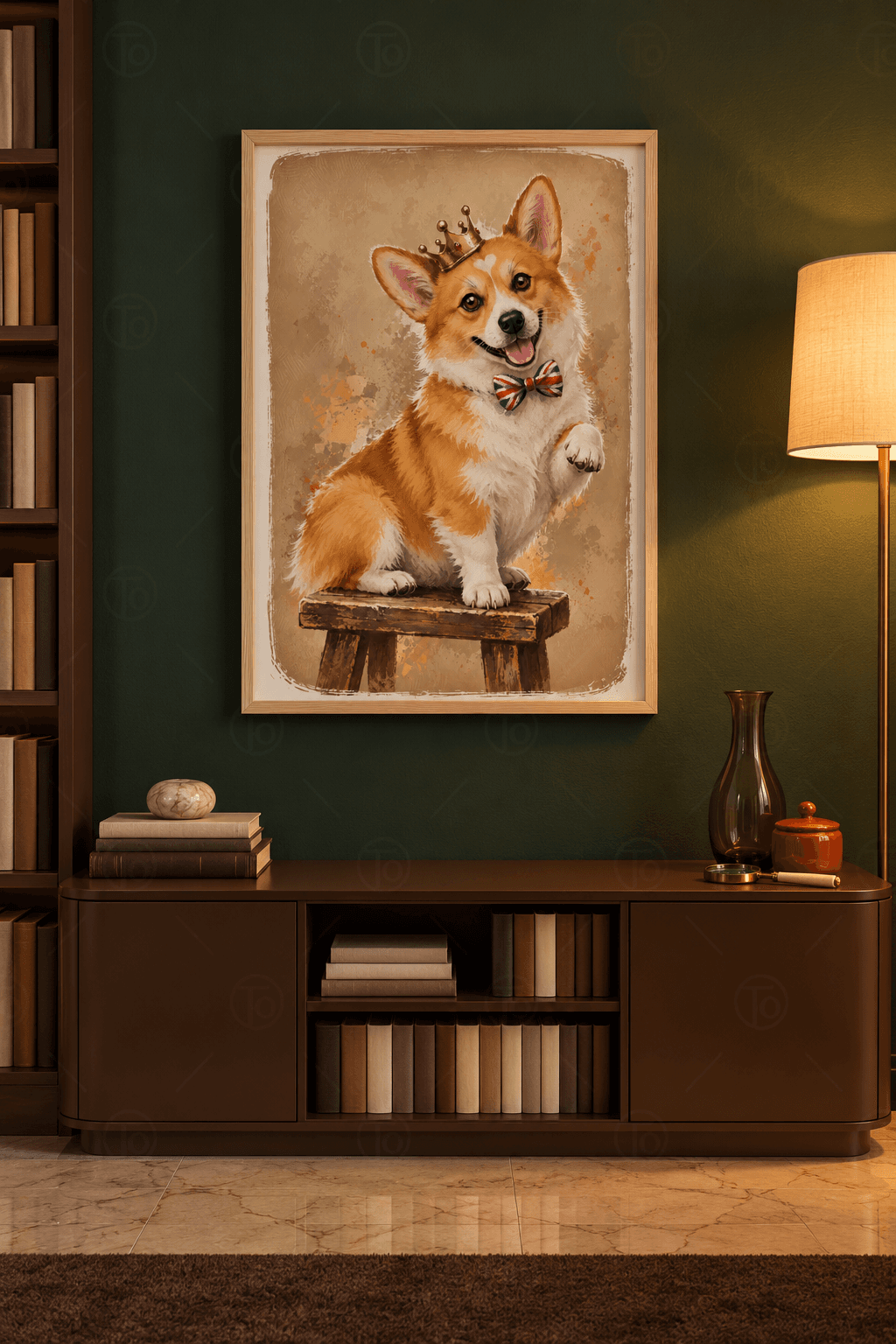 Ahşap çerçeveli corgi tablosu — ahşap taburede oturan, altın taçlı ve bayrak desenli papyonlu gülümseyen corgi