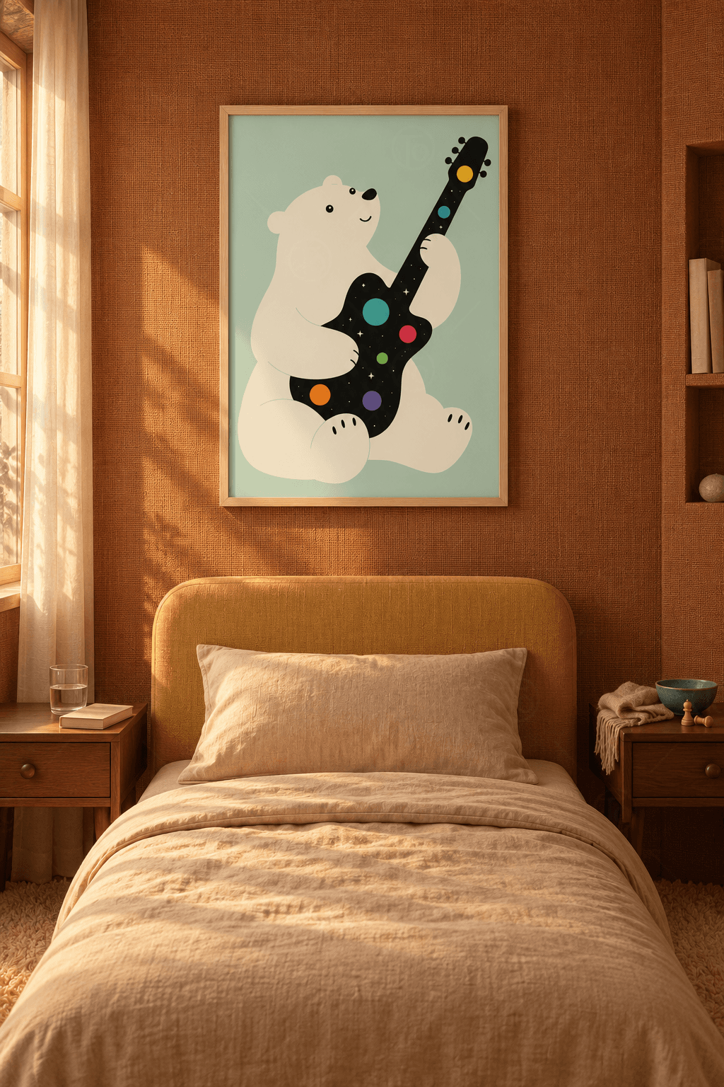Ahşap çerçeveli kutup ayısı tablosu — açık mint zeminde yıldızlı ve gezegenli siyah gitar çalan oturan beyaz ayı