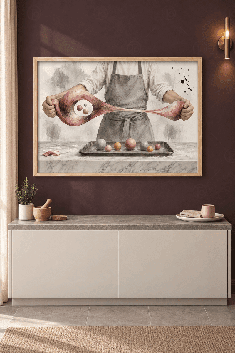 Ahşap çerçeveli şekerci tablosu — pembe şeker hamurunu geren önlüklü usta ve tepside pastel toplar