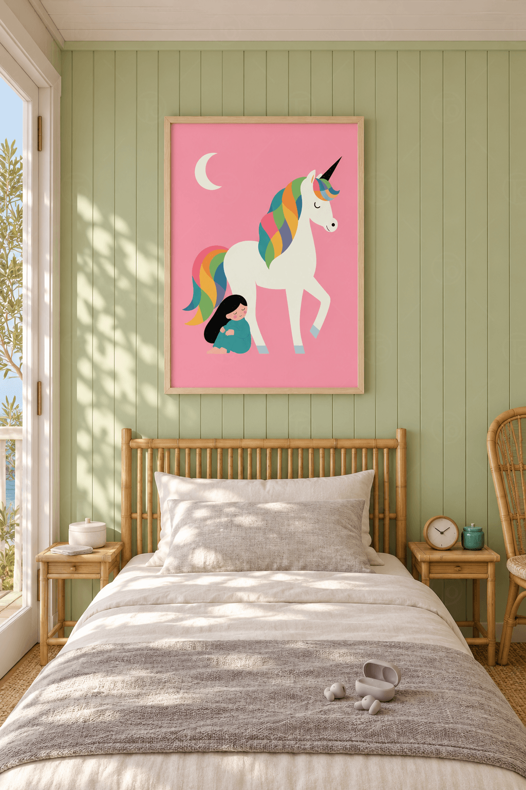 Ahşap çerçeveli unicorn tablosu — pembe zeminde pastel yeleli beyaz unicorn ve bacağına yaslanmış siyah saçlı çocuk