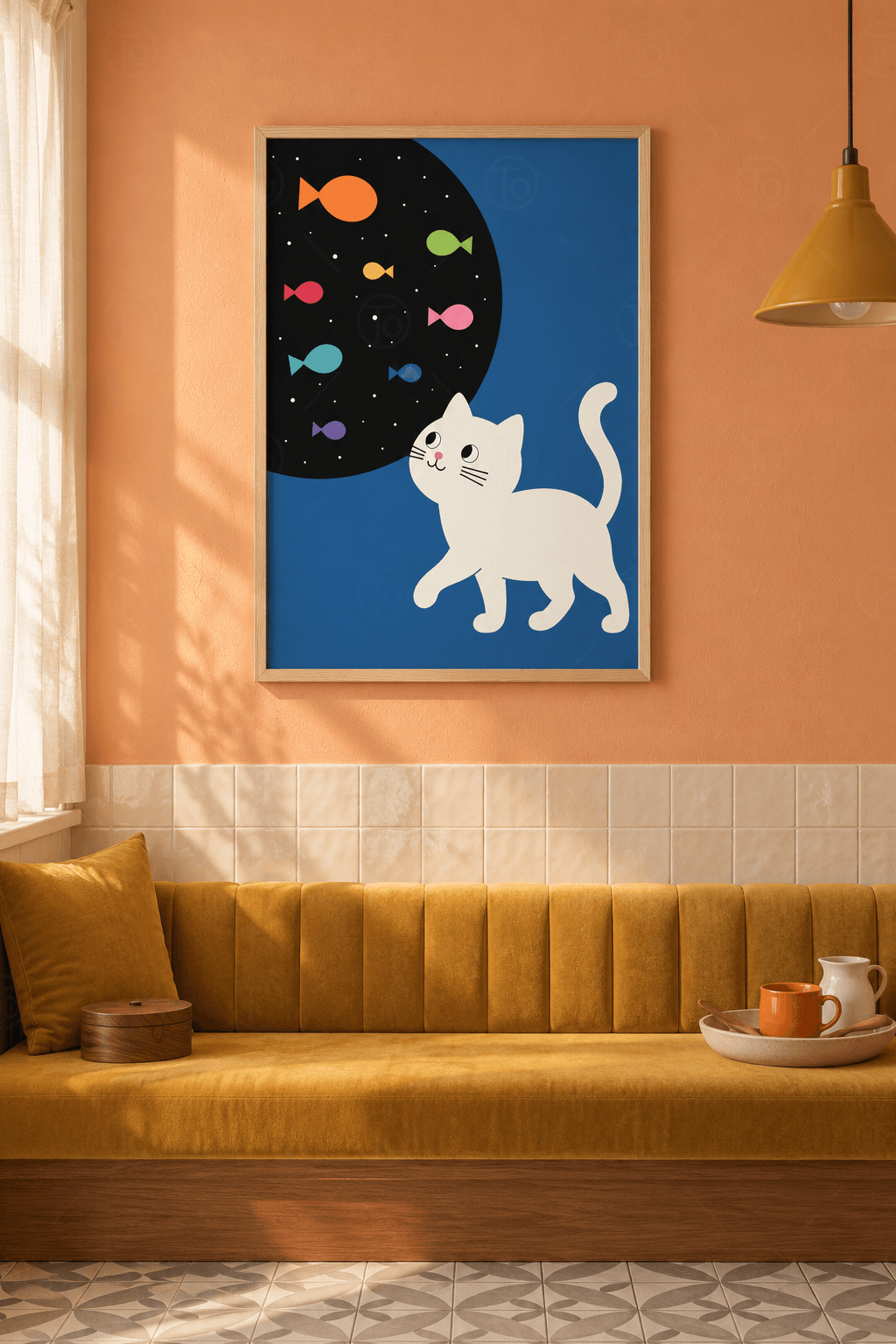 Ahşap çerçeveli kedi tablosu — saks mavisi zeminde yıldızlı siyah dairedeki renkli balıklara bakan beyaz kedi