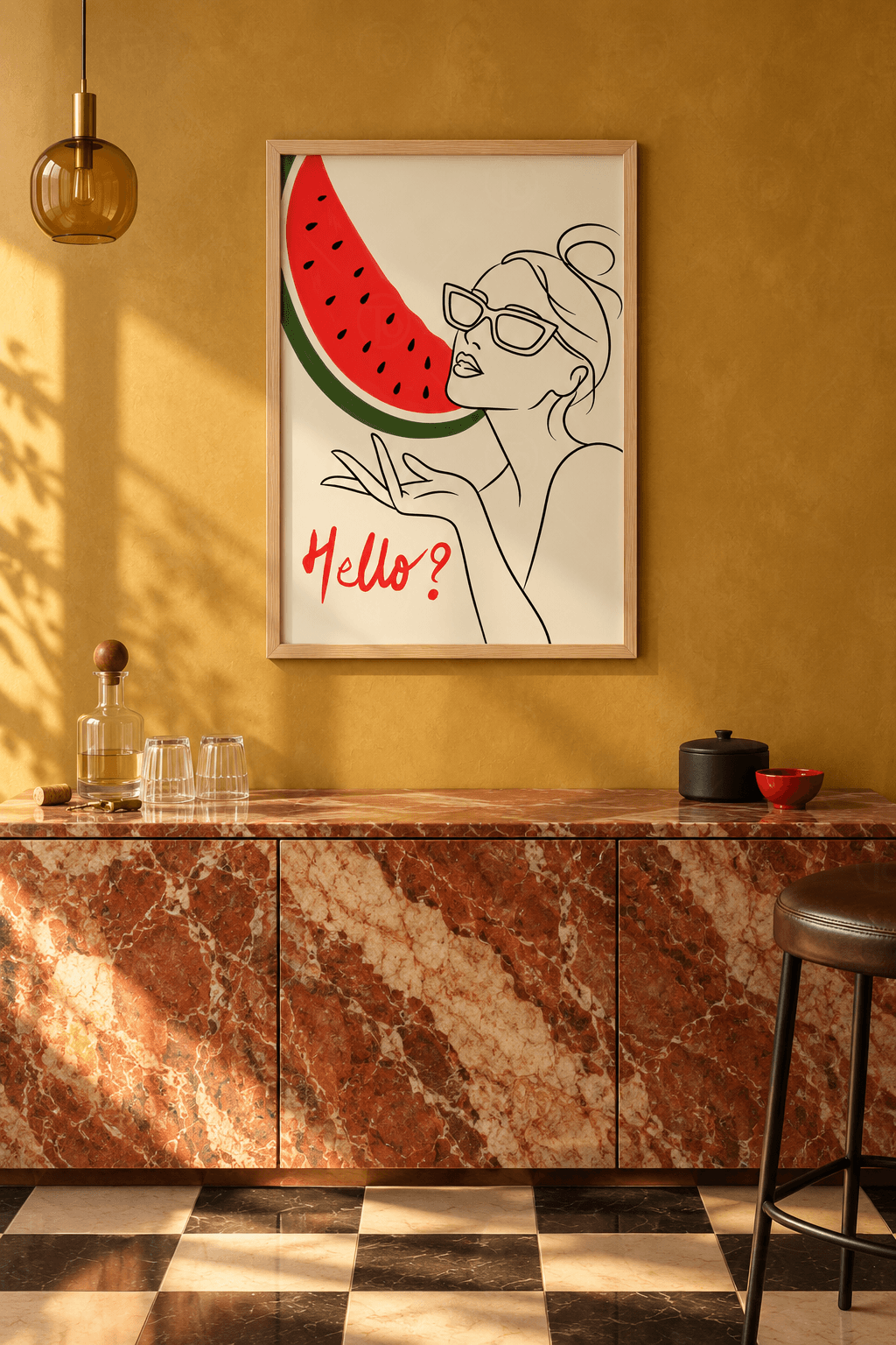 Ahşap çerçeveli line-art kadın tablosu — krem zeminde güneş gözlüklü kadın, kırmızı karpuz dilimi ve Hello yazısı