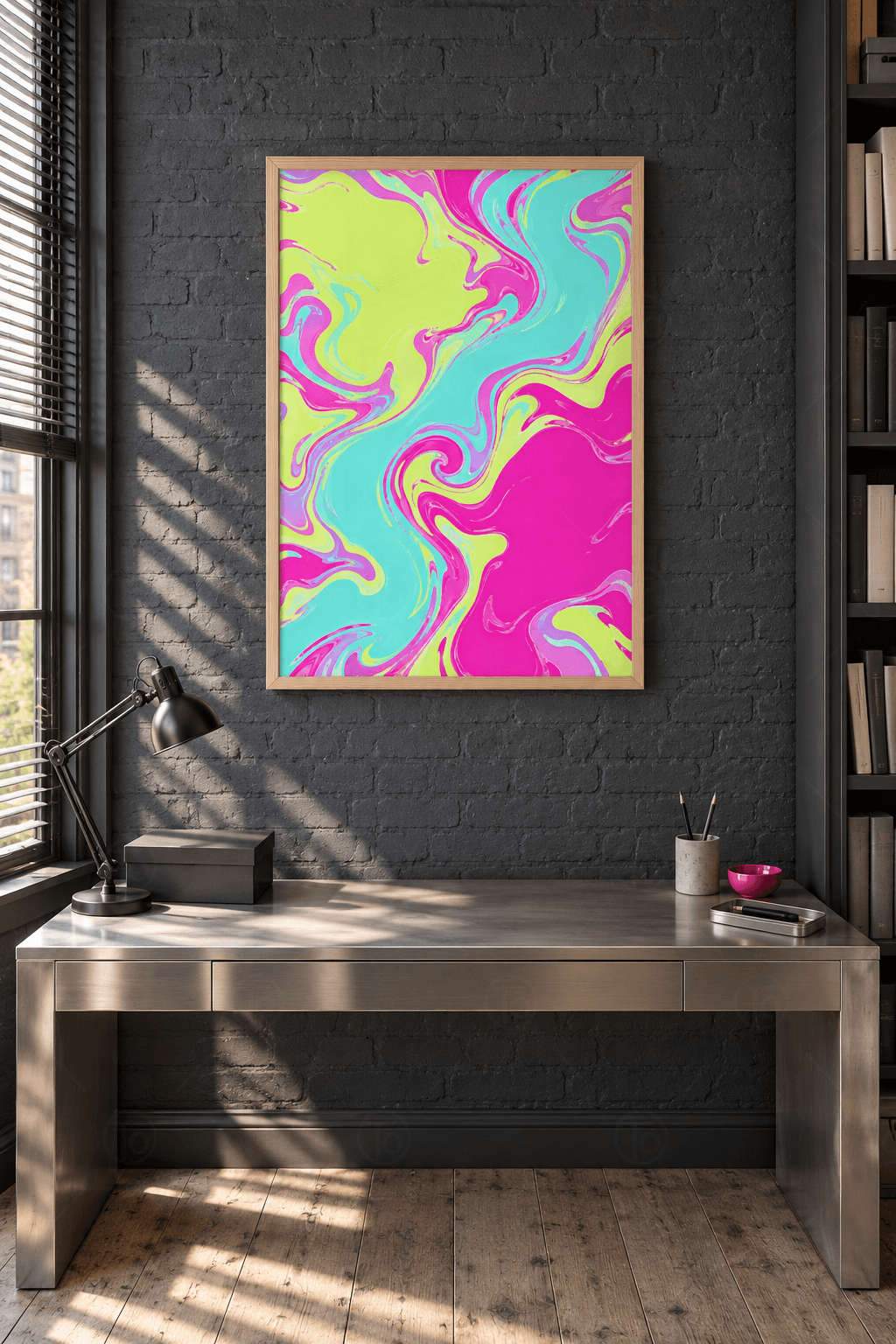 Ahşap çerçeveli neon soyut tablo — fıstık yeşili, turkuaz ve neon pembe boyaların dolandığı akışkan mermer deseni