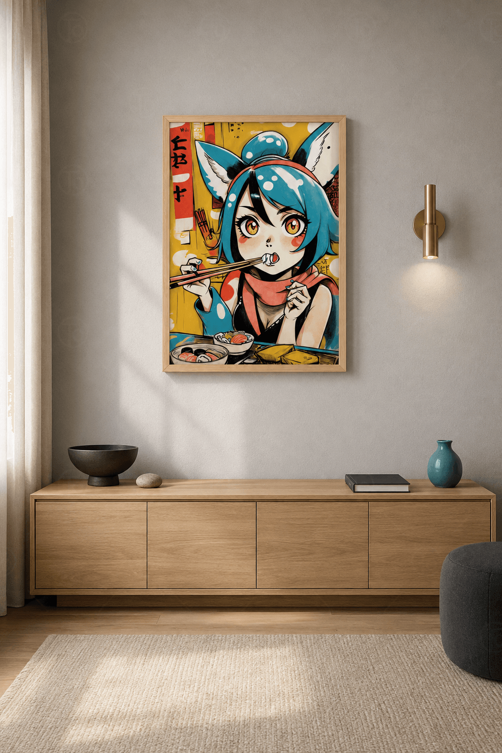 Ahşap çerçeveli anime tablosu — sarı kırmızı pop zeminde turkuaz saçlı, kedi kulaklı bandanalı karakter çubuklarla suşi yiyor