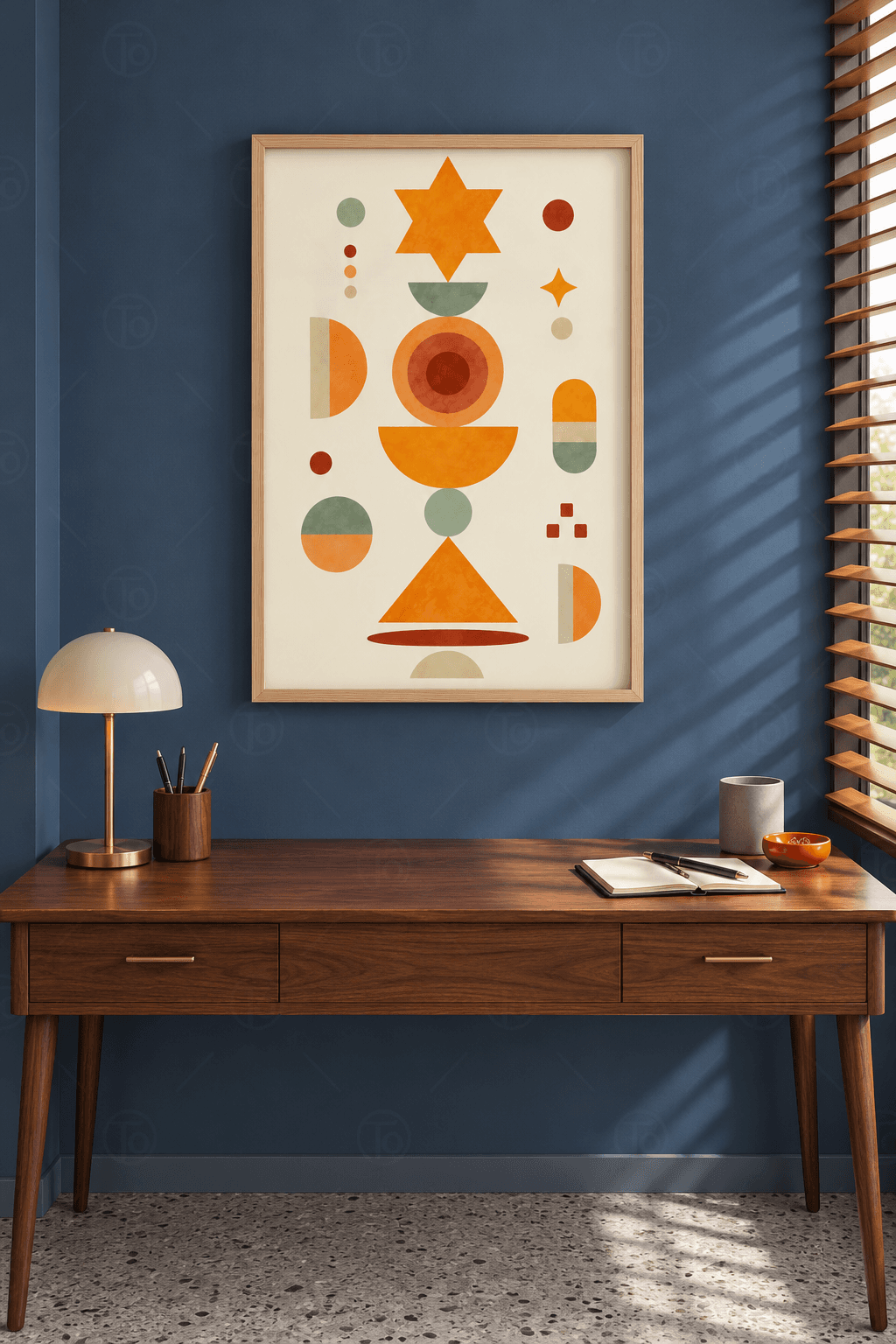 Ahşap çerçeveli geometrik soyut tablo — krem zeminde turuncu yıldız, halkalı daire, yarım daireler ve üçgenden oluşan kule