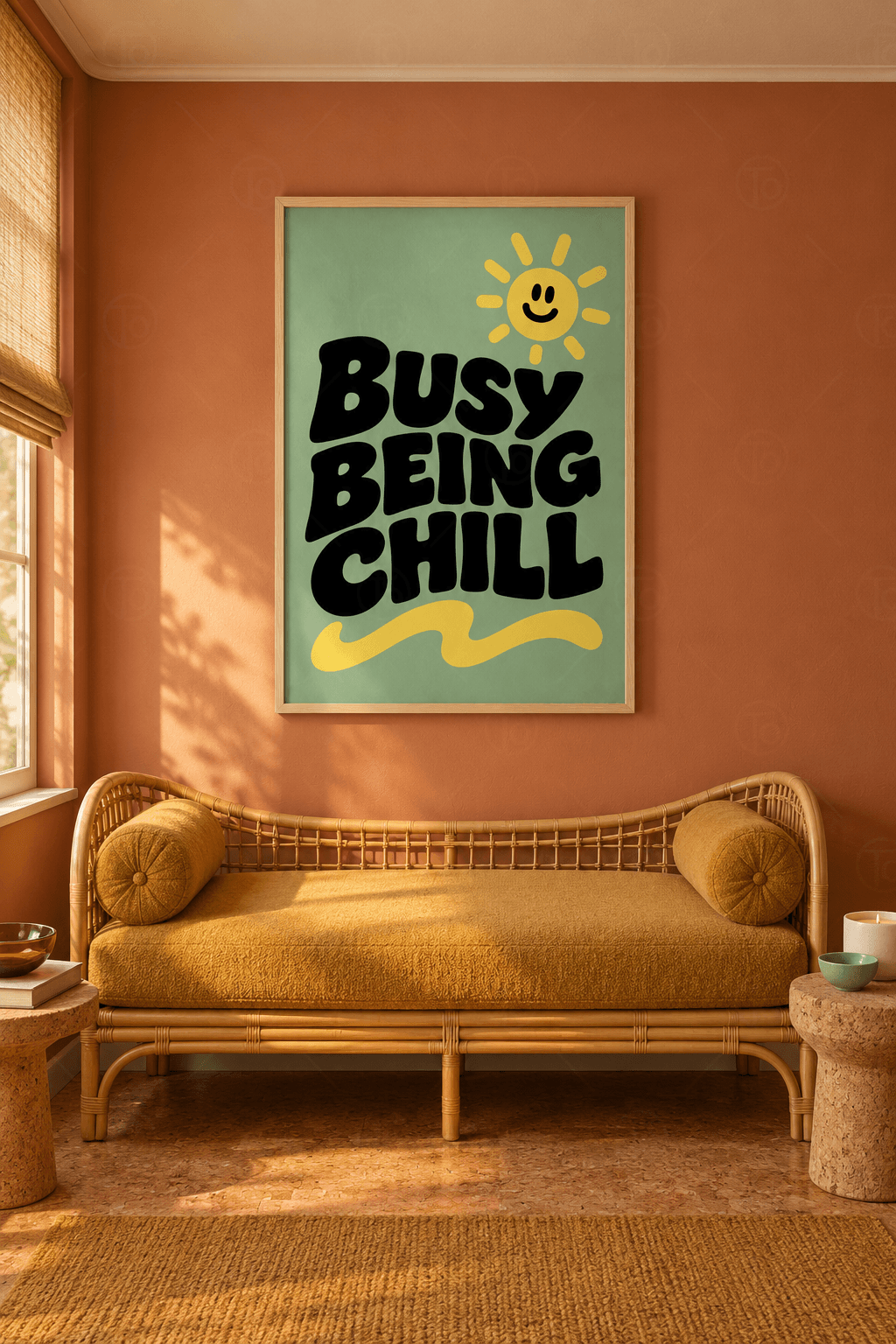 Ahşap çerçeveli tipografik tablo — adaçayı yeşili zeminde siyah Busy Being Chill yazısı, gülen sarı güneş ve sarı dalga