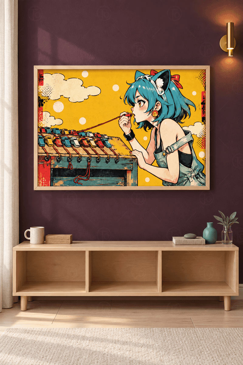 Ahşap çerçeveli pop art tablo — sarı zeminde kedi kulaklı mavi saçlı kız, kırmızı ip ve tezgâhta renkli oyuncaklar