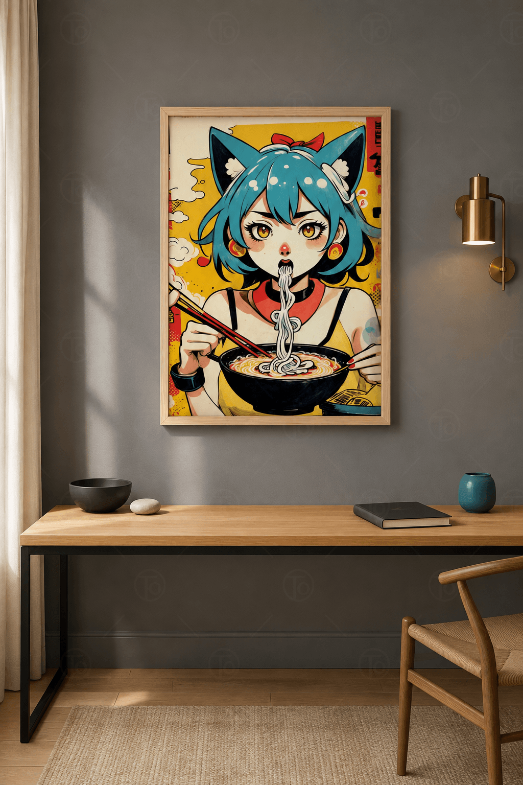 Ahşap çerçeveli anime tablosu — sarı turkuaz pop zeminde mavi saçlı, kedi kulaklı karakter çubuklarla ramen yiyor