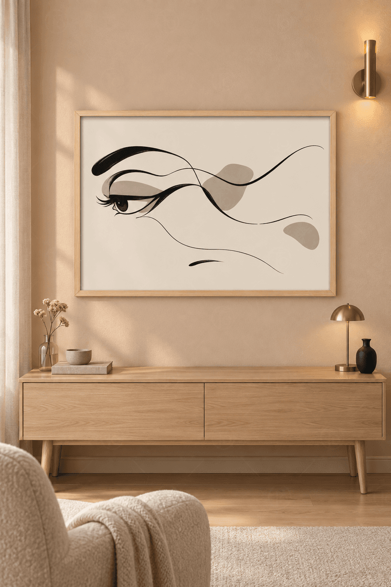 Ahşap çerçeveli line art tablosu — fildişi zeminde kalın kaş, kirpikli göz ve sağa uzanan akışkan siyah çizgi