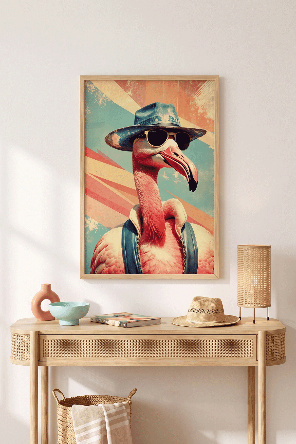 Havalı Flamingo — Retro Plaj Tablosu