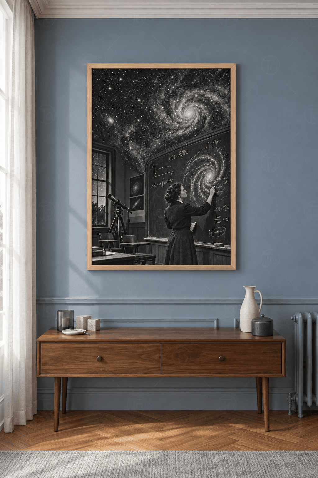 Ahşap çerçeveli galaksi tablosu — yıldızlı tavanlı sınıfta kara tahtaya sarmal galaksi ve denklem yazan kadın