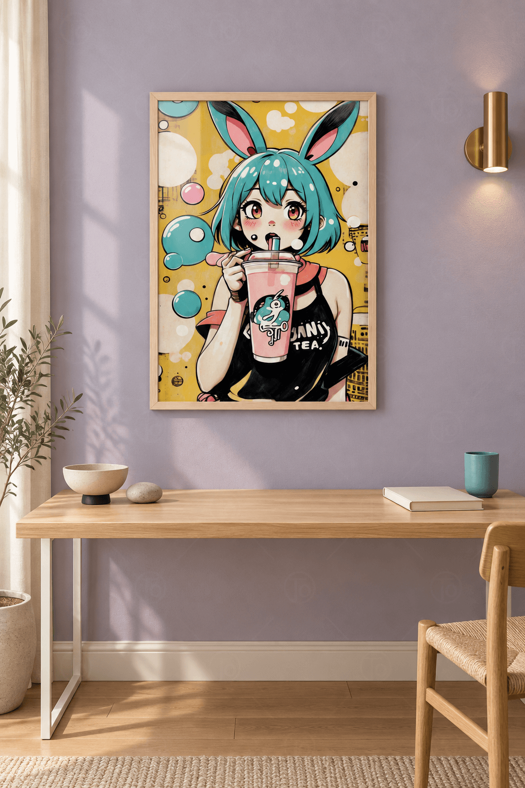 Ahşap çerçeveli anime tablosu — sarı turkuaz baloncuklu pop zeminde tavşan kulaklı, turkuaz saçlı karakter bubble tea içiyor