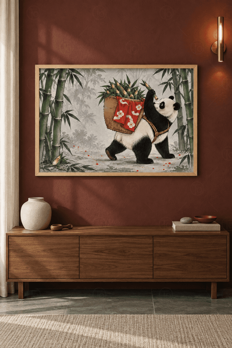 Ahşap çerçeveli panda tablosu — bambu ormanında sırtındaki sepette bambu filizleri taşıyan yürüyen panda