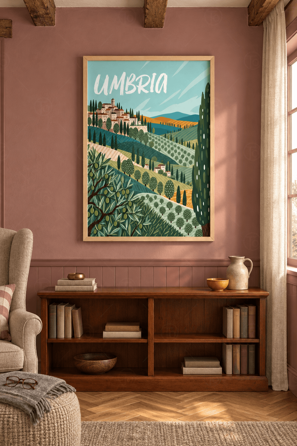 Ahşap çerçeveli Umbria tablosu — zeytinlikli dalgalı tepeler, uzun servi, zeytin dalı ve çan kuleli tepe kasabası