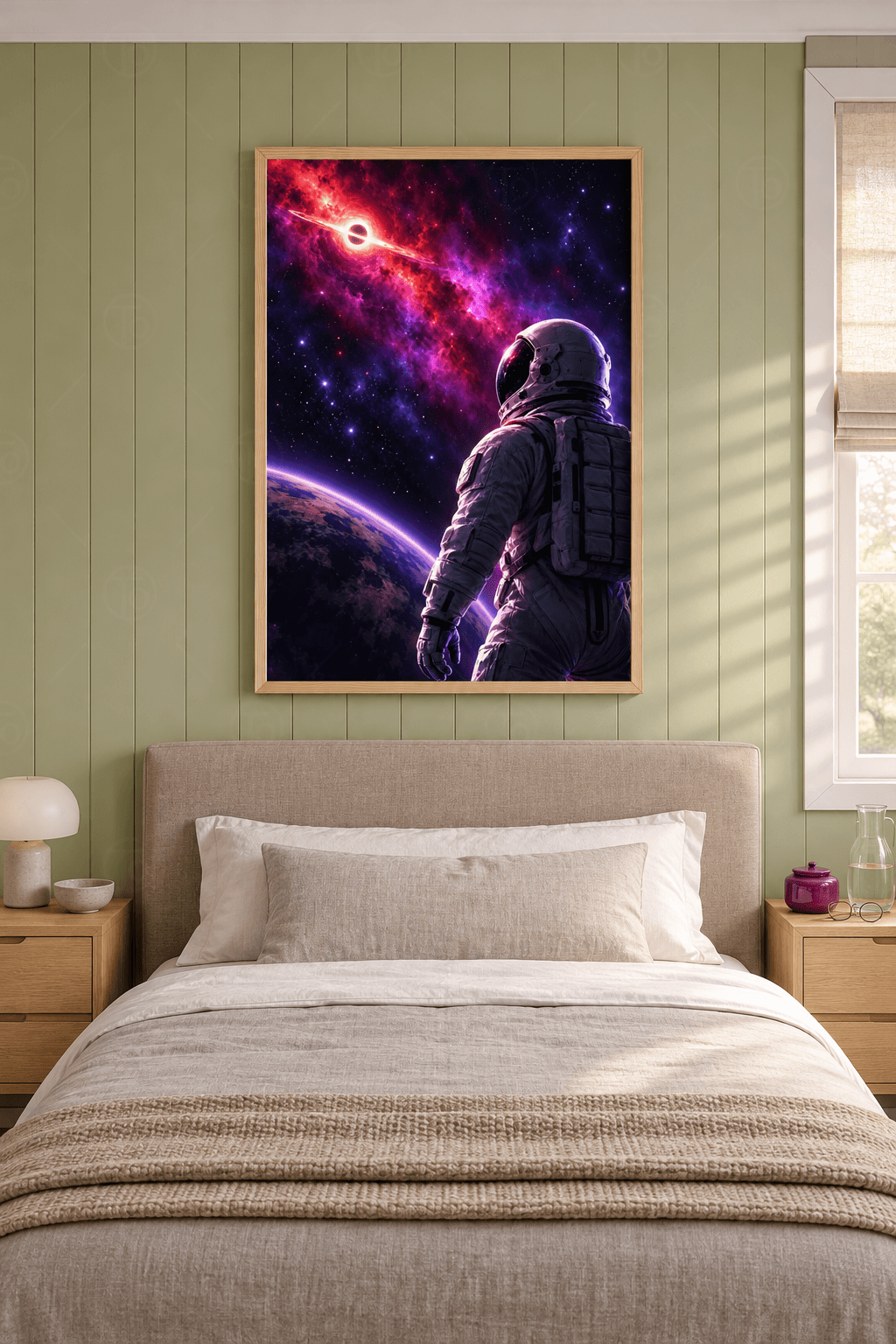 Ahşap çerçeveli astronot tablosu — kırmızı-mor bulutsuda halkalı kara deliğe bakan beyaz tulumlu astronot ve mor gezegen