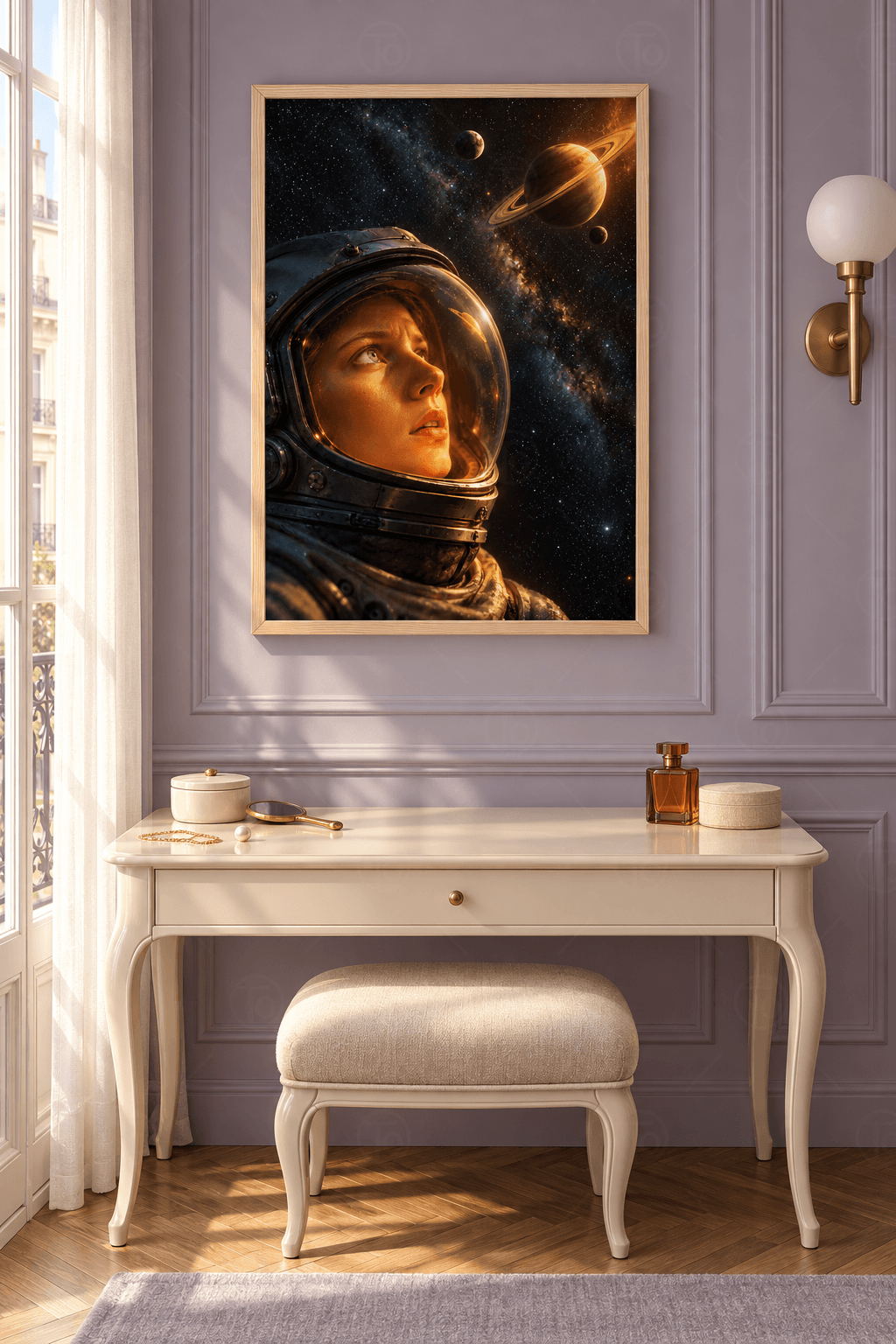 Ahşap çerçeveli astronot tablosu — cam kasklı kadın astronotun yakın planı, Samanyolu ve iki aylı halkalı gezegen