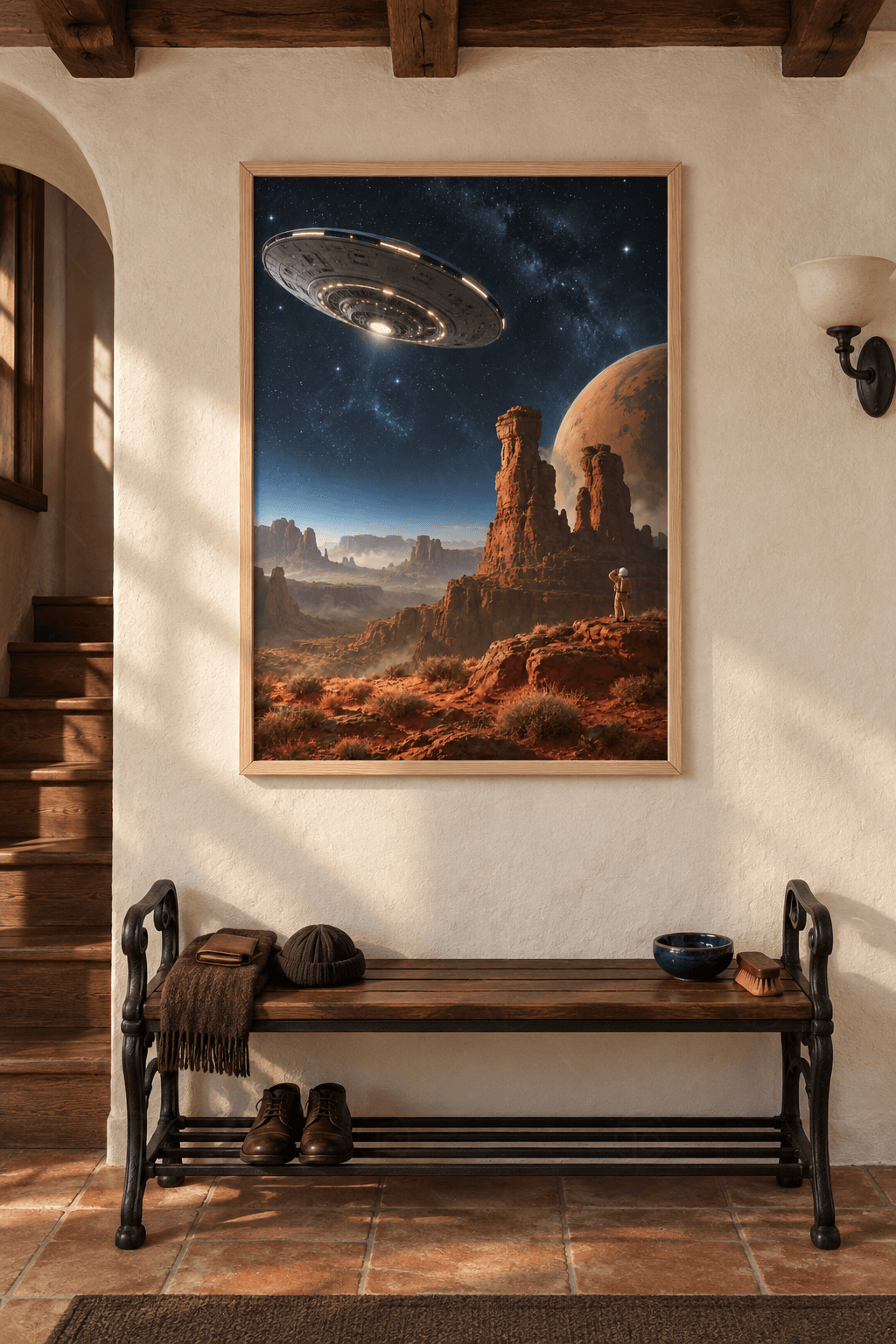 Ahşap çerçeveli uçan daire tablosu — kızıl kanyon üstünde ışıklı uçan daire, turuncu gezegen ve kayada sarı astronot