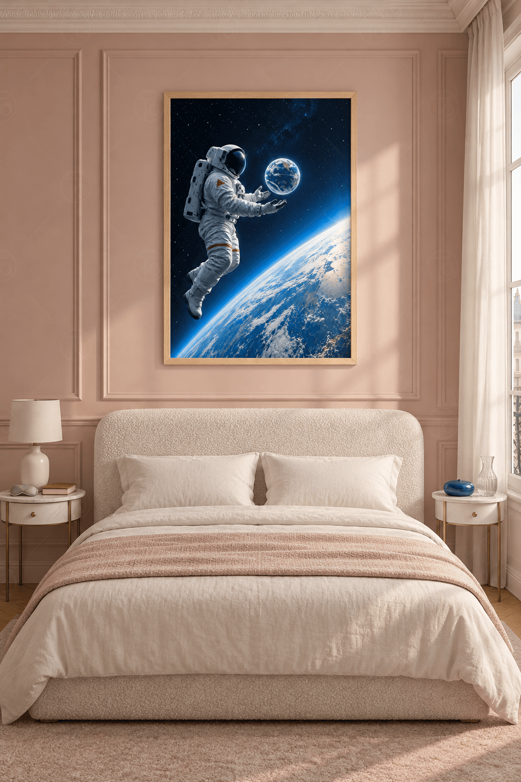 Ahşap çerçeveli astronot tablosu — önünde süzülen küçük Dünya küresine ellerini açan beyaz giysili astronot ve mavi ufuk