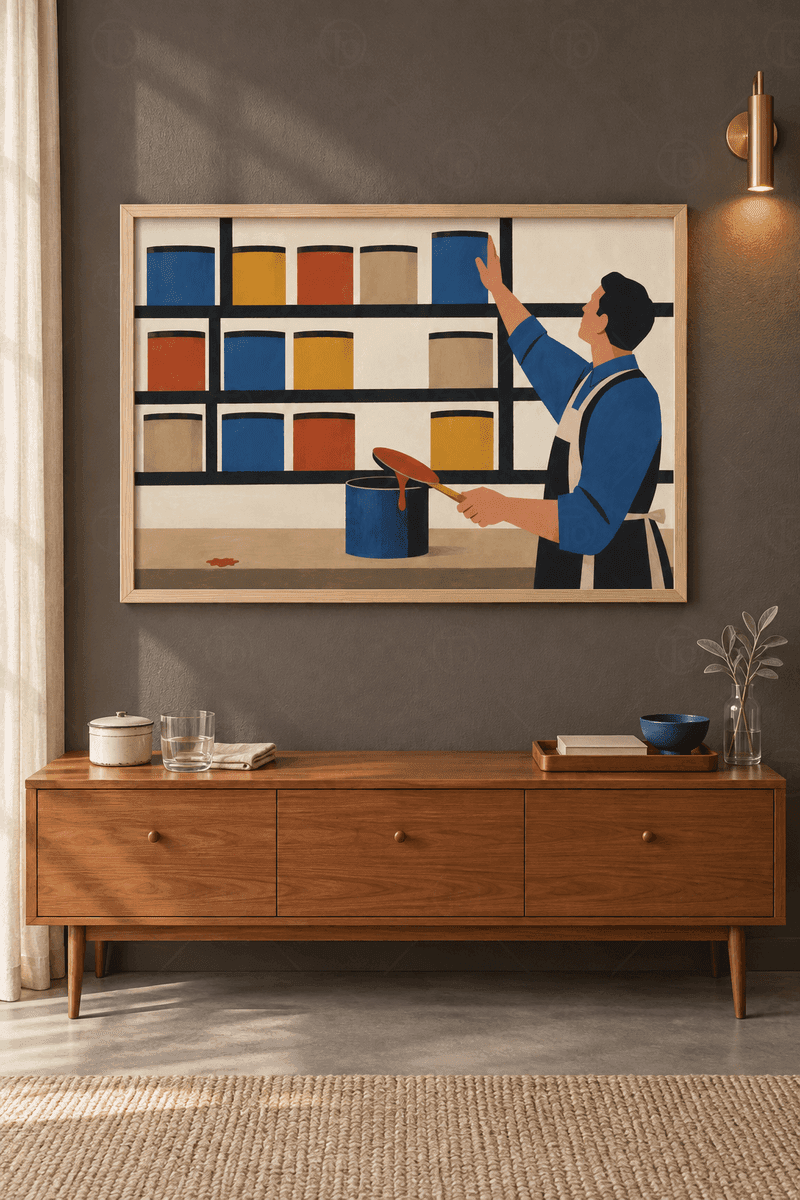 Ahşap çerçeveli mid-century tablo — siyah raflarda mavi, hardal ve kiremit boya kutuları, üst rafa uzanan adam