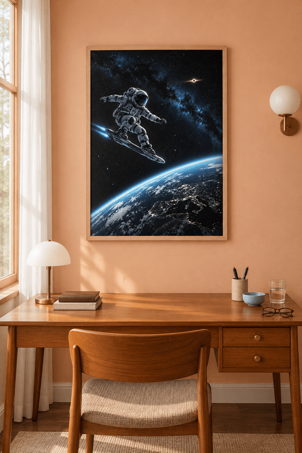 Ahşap çerçeveli astronot tablosu — mavi jet alevli uçan tahtada astronot ve şehir ışıklı gece Dünyası