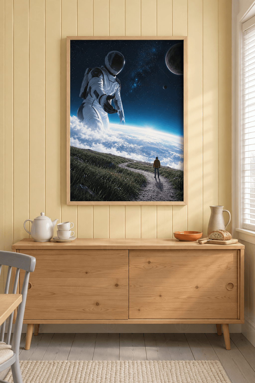 Ahşap çerçeveli astronot tablosu — bulutlardan yükselen dev astronot ve patikada duran küçük gezgin