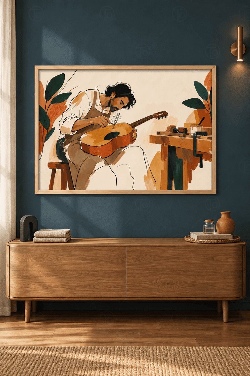 Ahşap çerçeveli gitar tablosu — tabureye oturmuş usta, kucağında amber gövdeli gitar ve yanında ahşap tezgâh