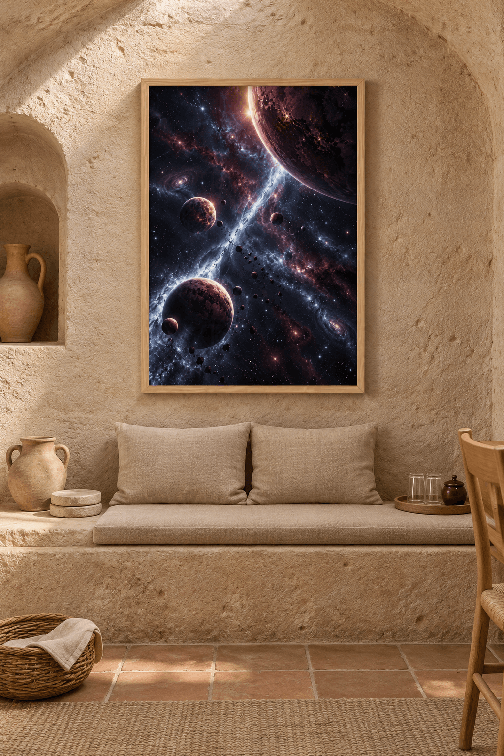 Ahşap çerçeveli gezegen tablosu — kenarı parlayan dev bordo gezegen, buz mavisi yıldız şeridi ve asteroit dizileri