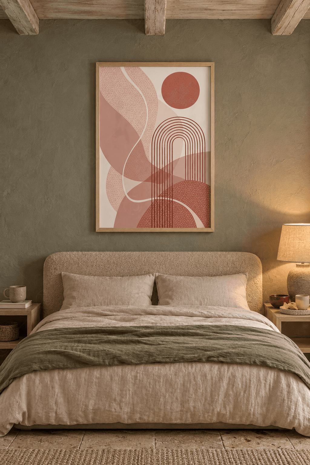 Ahşap çerçeveli soyut boho tablo — pudra pembe dalgalı biçimler, noktalı mercan daire, beyaz kıvrım ve iç içe kemerler