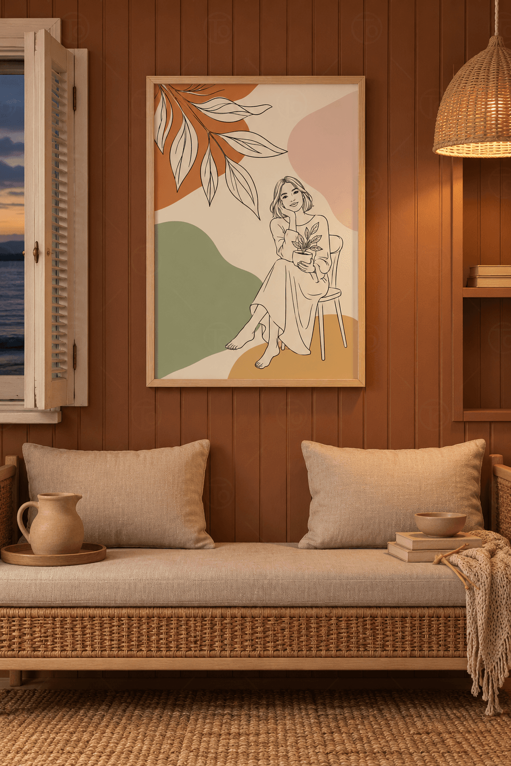 Ahşap çerçeveli line-art kadın tablosu — sandalyede saksı bitkisi tutan kadın, kiremit, pudra, adaçayı ve hardal lekeler