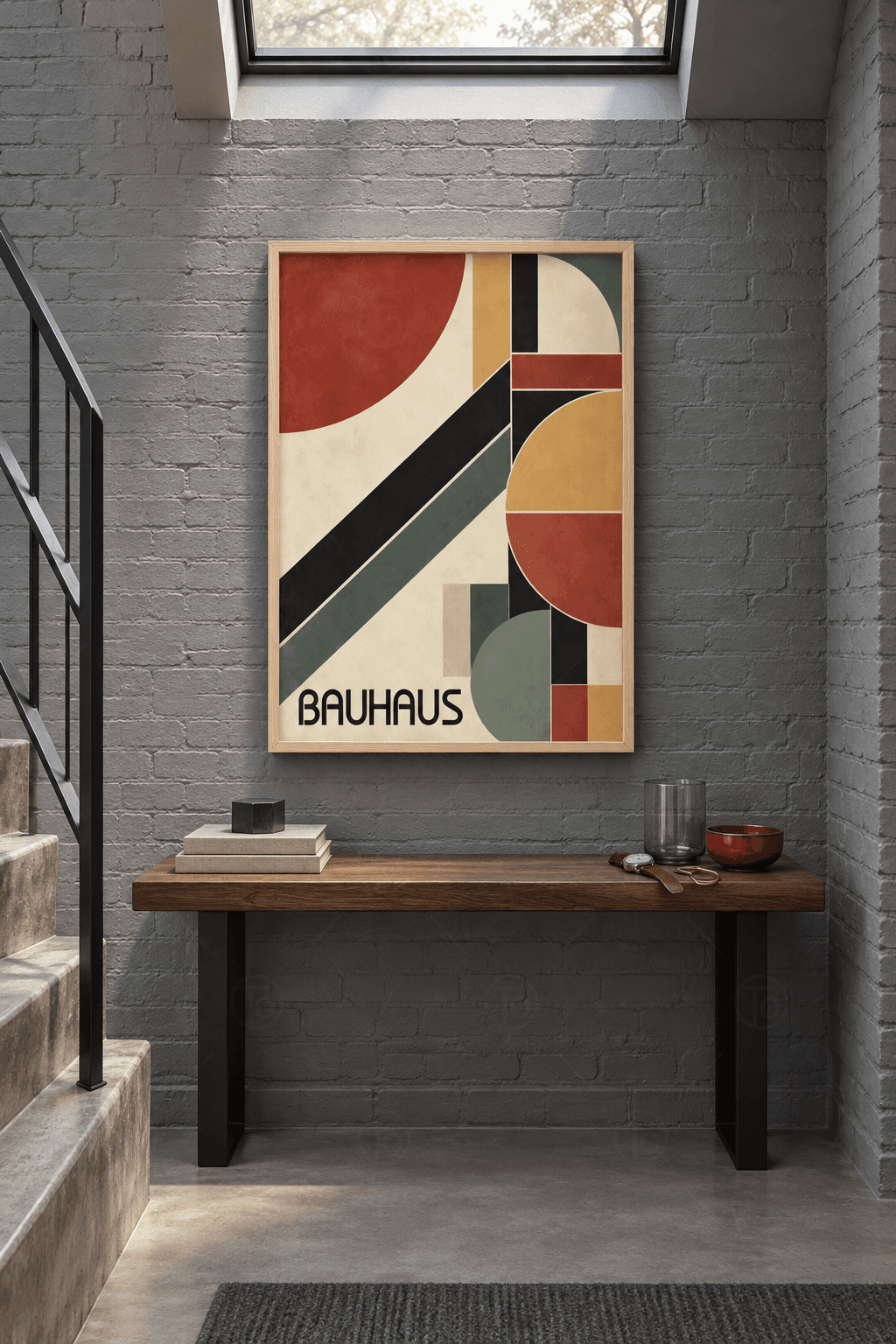 Ahşap çerçeveli bauhaus tablosu — krem zeminde kırmızı daire, siyah ve yeşil çapraz bantlar ve sol altta Bauhaus yazısı