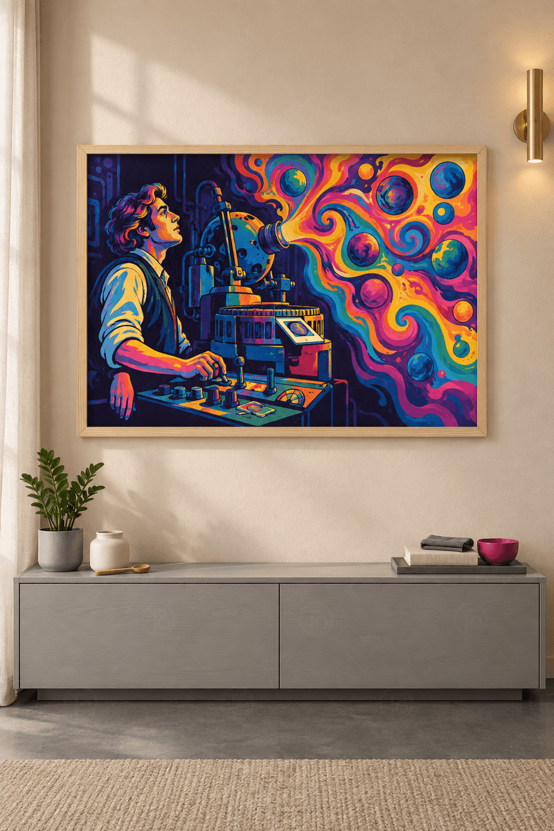 Ahşap çerçeveli pop art tablosu — mercekten fışkıran renkli girdaplar, dönen gezegenler ve panelin başındaki adam