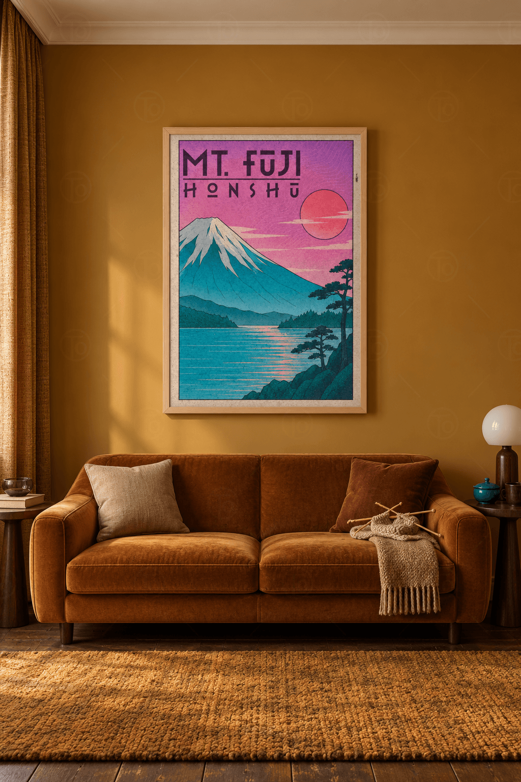 Fuji Dağı — Pembe Gökte Kızıl Güneş ve Göl