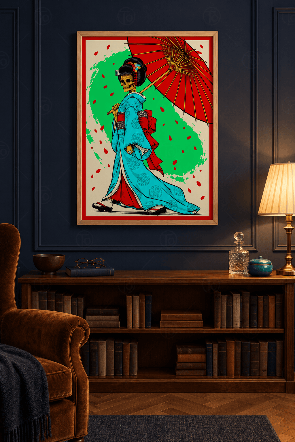 Ahşap çerçeveli kimono tablosu — turkuaz kimonolu, kırmızı obi kuşaklı iskelet figür, kırmızı kâğıt şemsiye ve yeşil leke