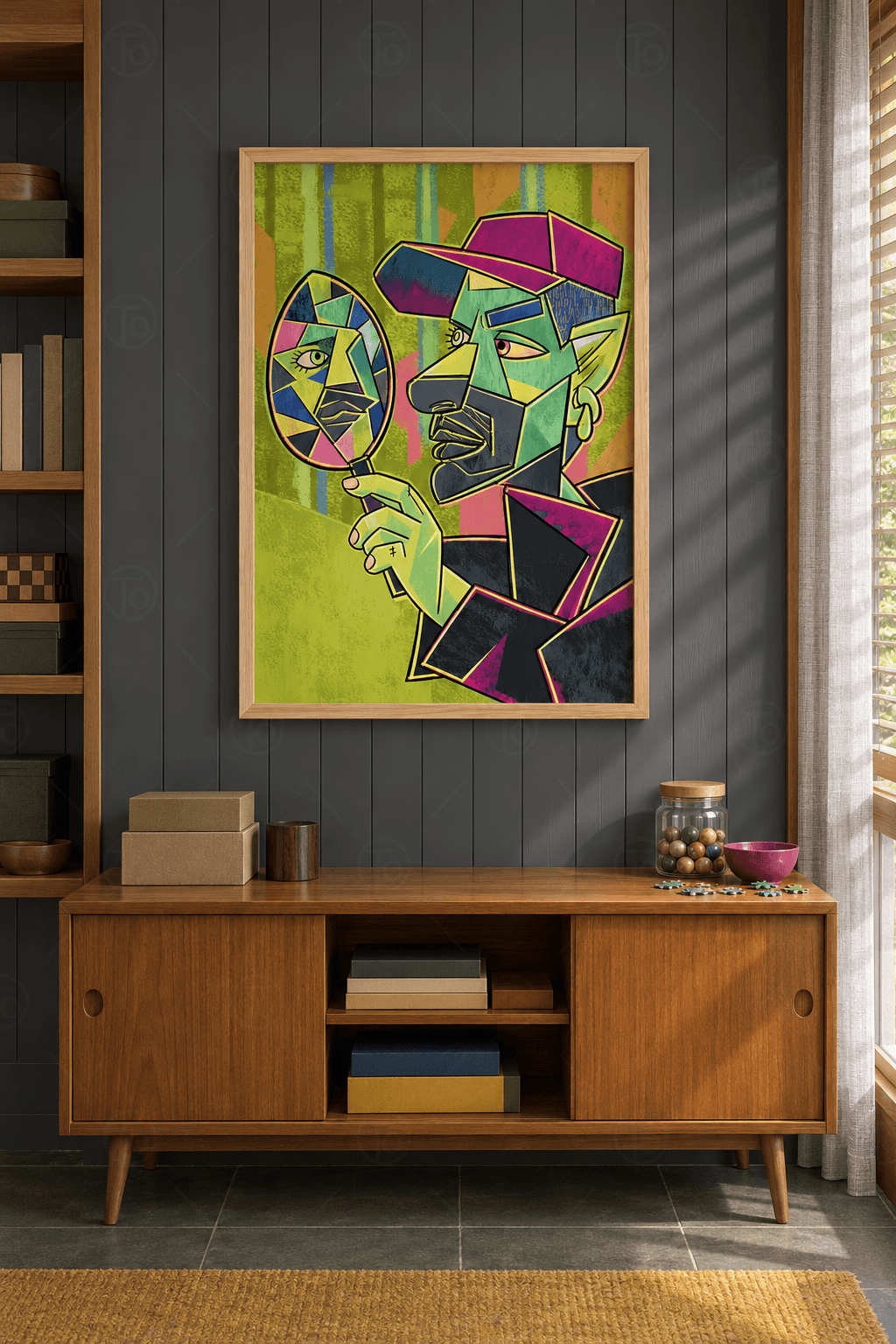 Ahşap çerçeveli pop art tablo — yeşil şeritli zeminde pembe şapkalı kübist adam elindeki aynada yansımasına bakıyor