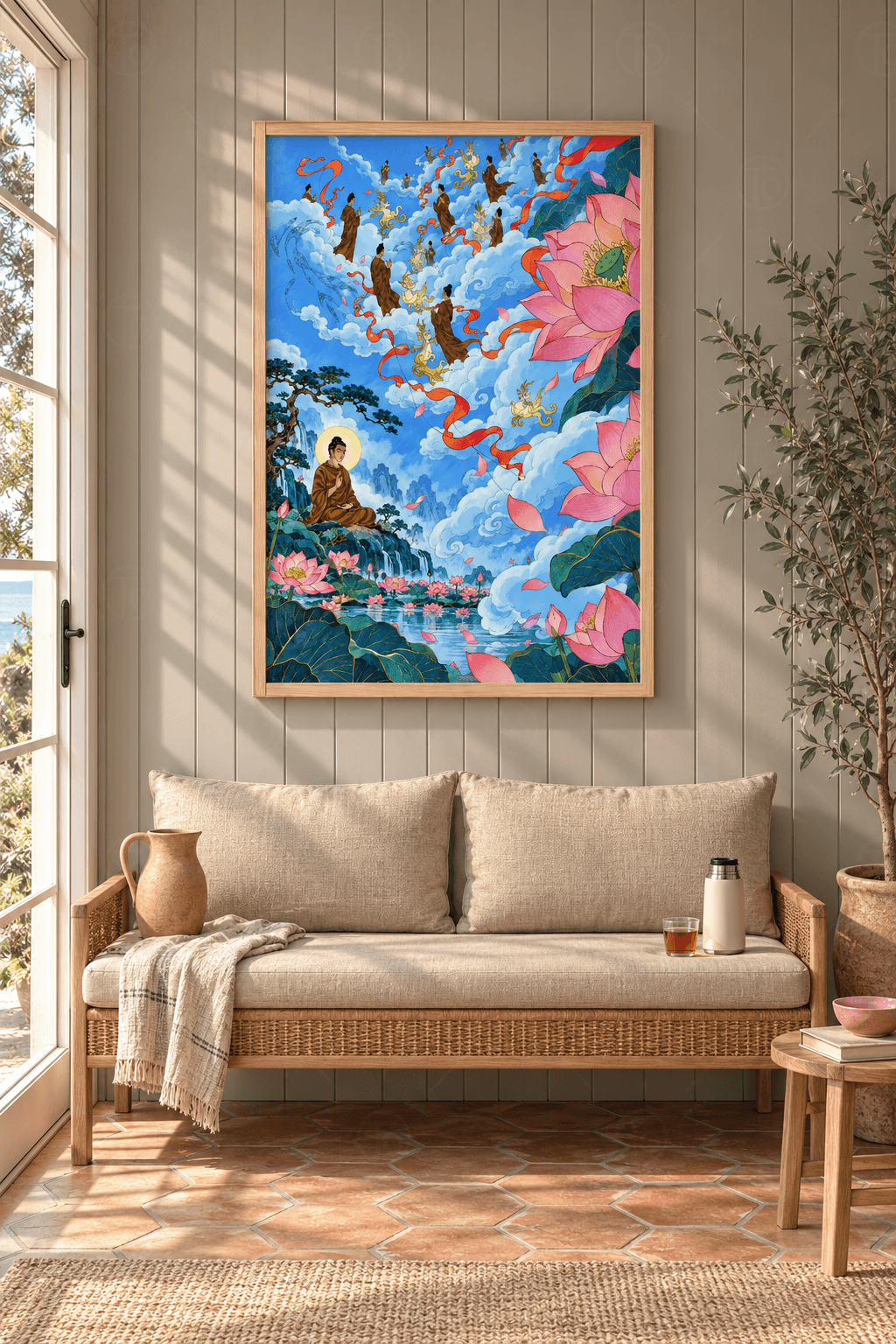 Ahşap çerçeveli lotus tablosu — bulutlarda cüppeli figürler, kırmızı kurdeleler, pembe lotuslar ve haleli Buda figürü