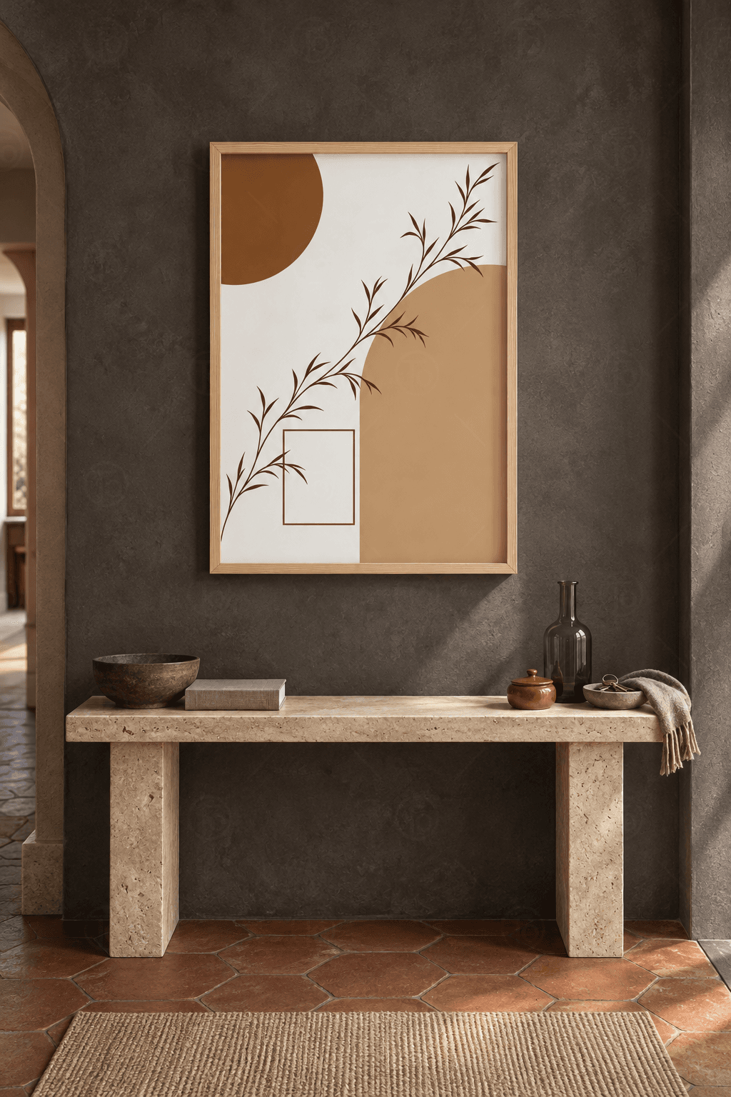 Ahşap çerçeveli minimalist dal tablosu — kahve daire, bej kemer ve boş dikdörtgenin önünden çapraz uzanan narin dal