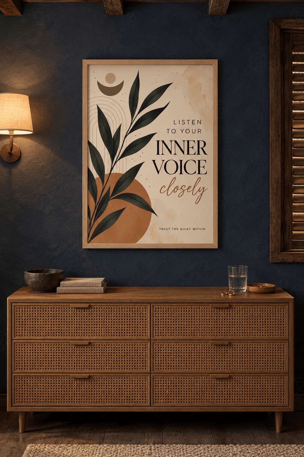 Ahşap çerçeveli motivasyon tablosu — krem zeminde yeşil dal, terrakota daire ve LISTEN TO YOUR INNER VOICE closely yazısı